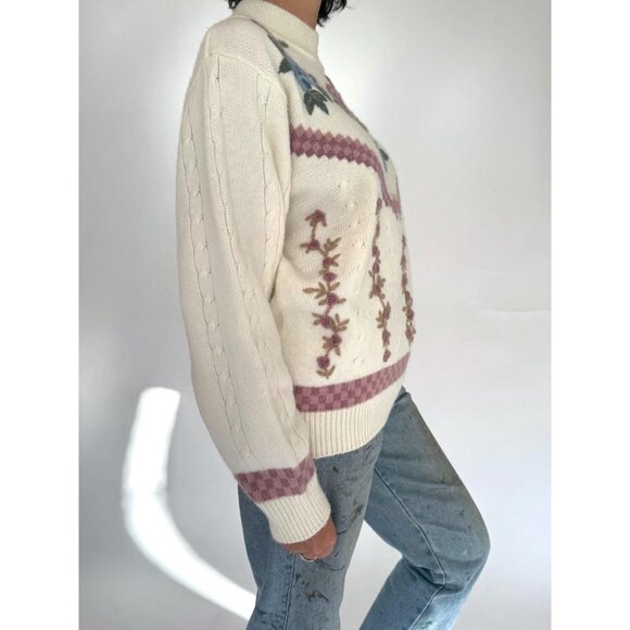 80s vintage cream floral embroidered grandma mock neck cable knit sweater - Picture 5 of 7
